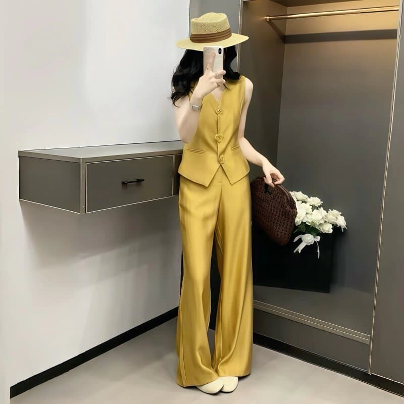 빛 요리 한 고급 센스 오래된 돈 바람 베스트 세트 여성 여름 착용 가져 가라. 전체 집합 품격 캐주얼 와이드 레그 팬츠 투피스 세트 상세 이미지 9