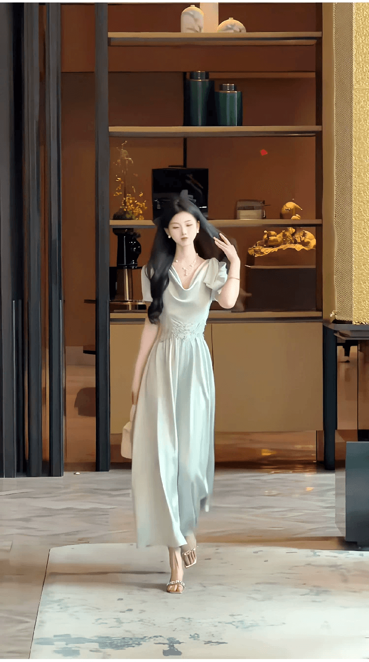 숙녀 부드러운 바람 흔들다 칼라 반팔 여성 드레스 여름 프랑스식 품격 허리 수축 슬림해 보이는 디스플레이 높음 a 단어 길이 치마 상세 이미지 5