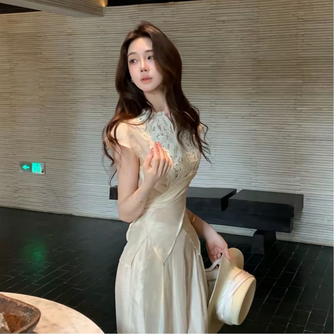 무쯔리 목자이 ~ 중 리 대나무 커튼 서식지 부드러운 디자인 센스 레이스 조각 마이크로 ~을 통해 레이스업 맨위 주간 실크 와이드 레그 팬츠 세트 이미지 6