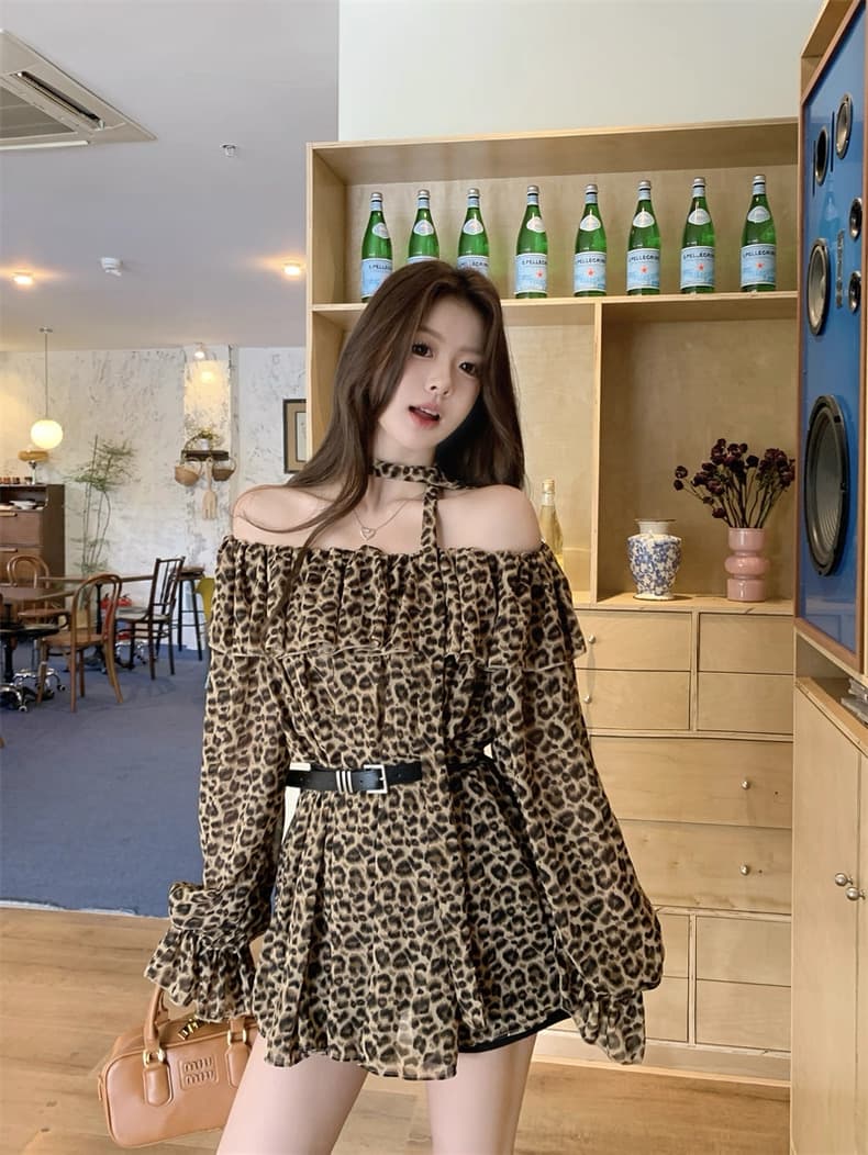 레오파드 무늬 프릴 리본 오프숄더 긴팔 여성 셔츠 봄 디자인 센스 루즈핏 셔츠 품격 슬림해 보이는 맨위 상세 이미지 5