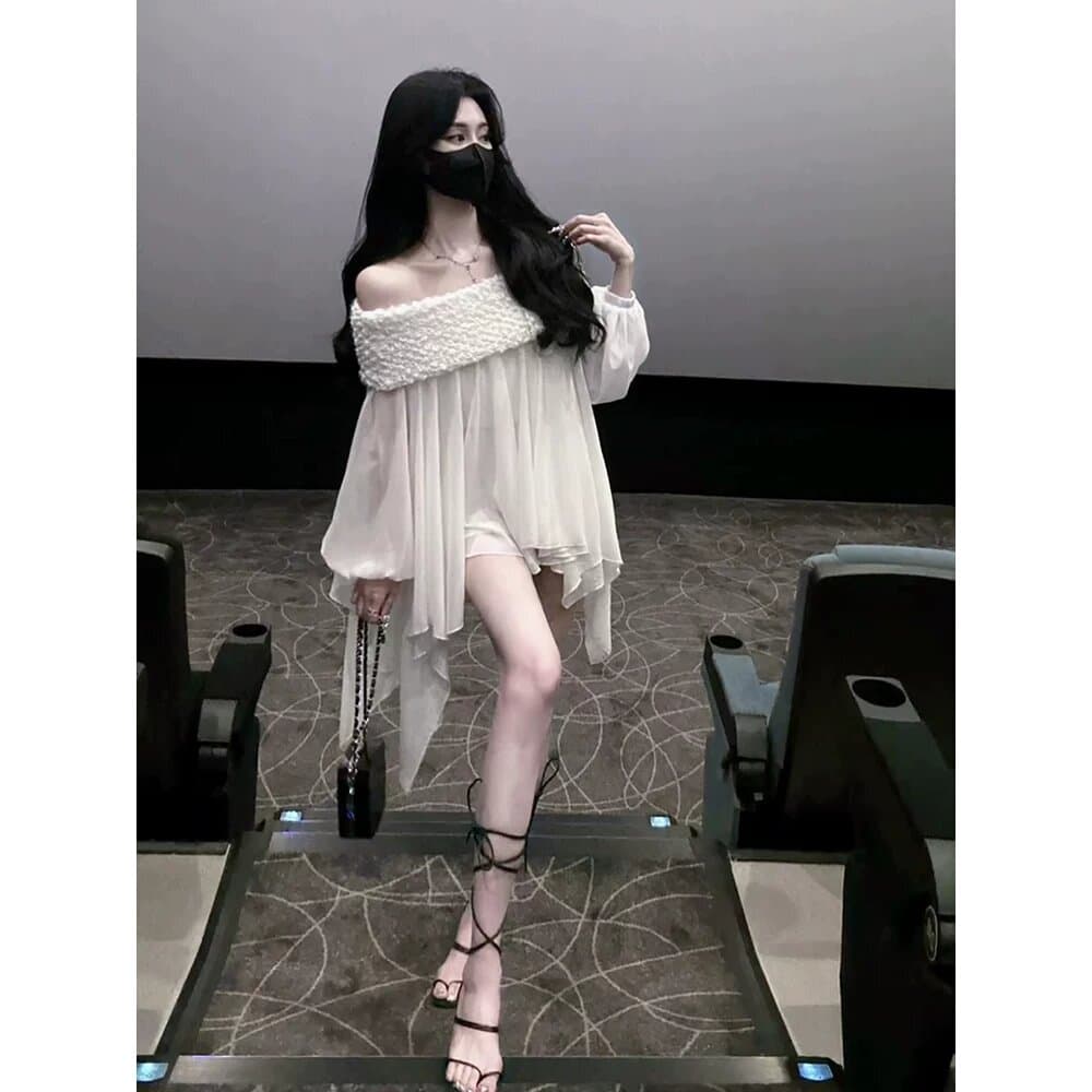 디자인 센스 불규칙 진주 실 오프숄더 맨위 여성 봄 여름 새로운 프랑스식 품격 프릴 화이트 셔츠 상세 이미지 2