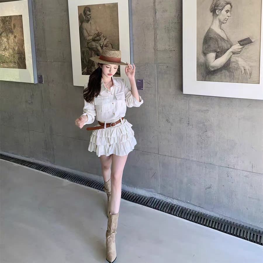 한국 동대문 가을 새로운 한국 스타일 패션 다용도 프릴 셔츠 미니 스커트 벨트 투피스 세트 세트 이미지 5