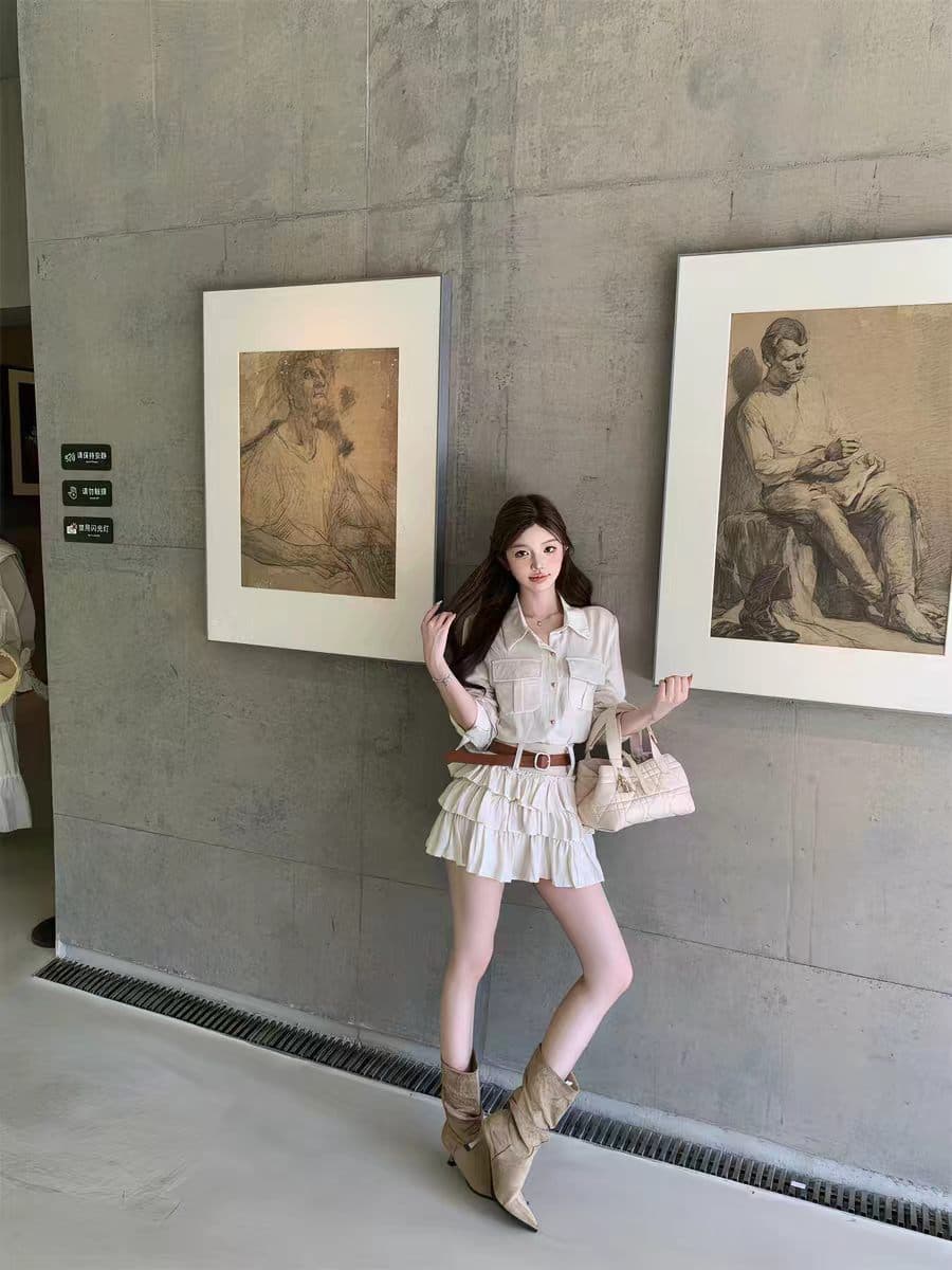 한국 동대문 가을 새로운 한국 스타일 패션 다용도 프릴 셔츠 미니 스커트 벨트 투피스 세트 세트 상세 이미지 1