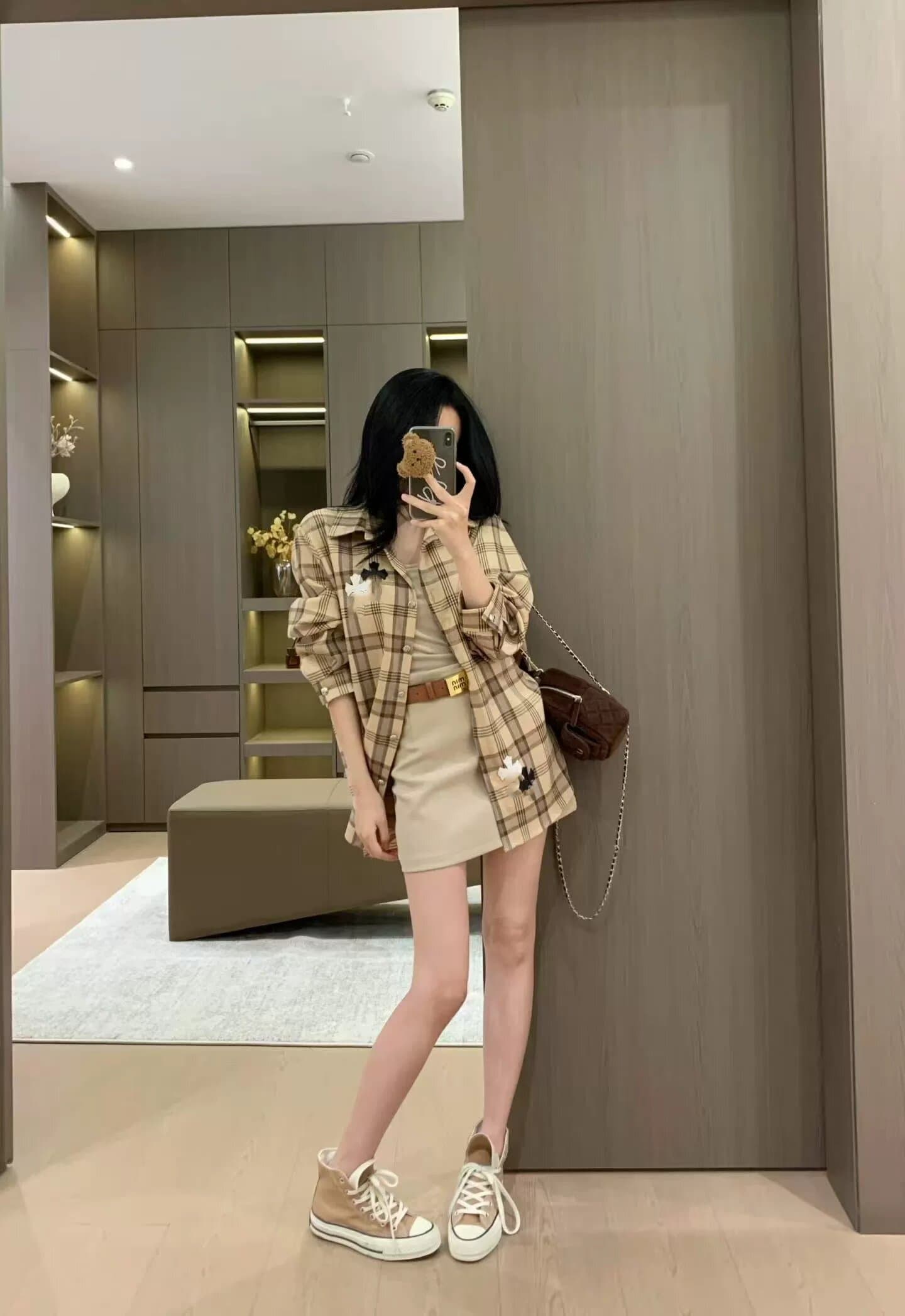 이른 가을 아메리칸 가죽 표준 체크무늬 긴팔 셔츠 재킷 캐미솔 맨위 반신 스커트 3종 세트 상세 이미지 3