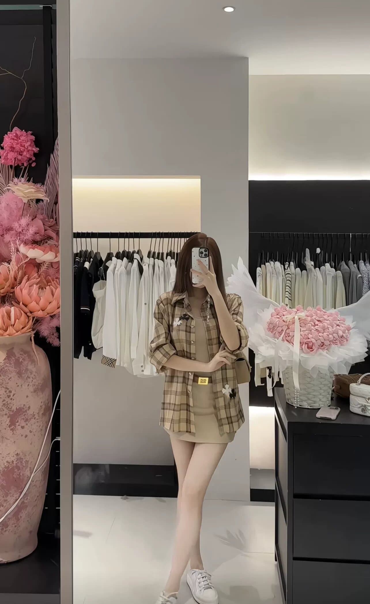 이른 가을 아메리칸 가죽 표준 체크무늬 긴팔 셔츠 재킷 캐미솔 맨위 반신 스커트 3종 세트 상세 이미지 5