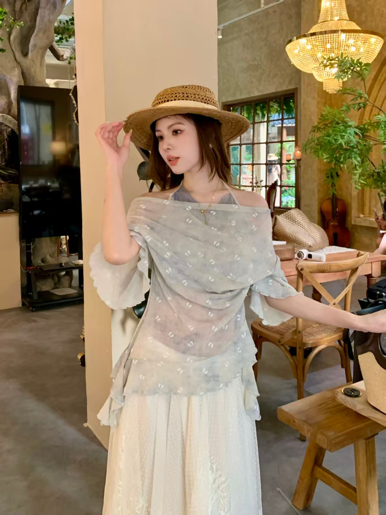 실사 불규칙 리본 패치워크 페이크 레이어드 꽃무늬 반팔 티셔츠 여름 하이웨이스트 퍼프 큰 진자 치마 세트 상세 이미지 10