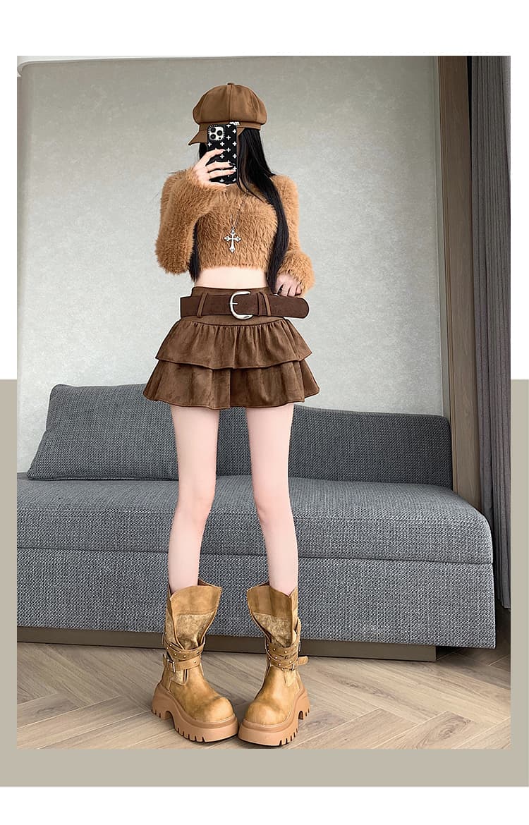커피 색상 스웨이드 원단 퍼프 케이크 미니 스커트 여성 가을 프릴 계층의 감각 하이웨이스트 슬림해 보이는 반신 스커트 벨트 포함 상세 이미지 25