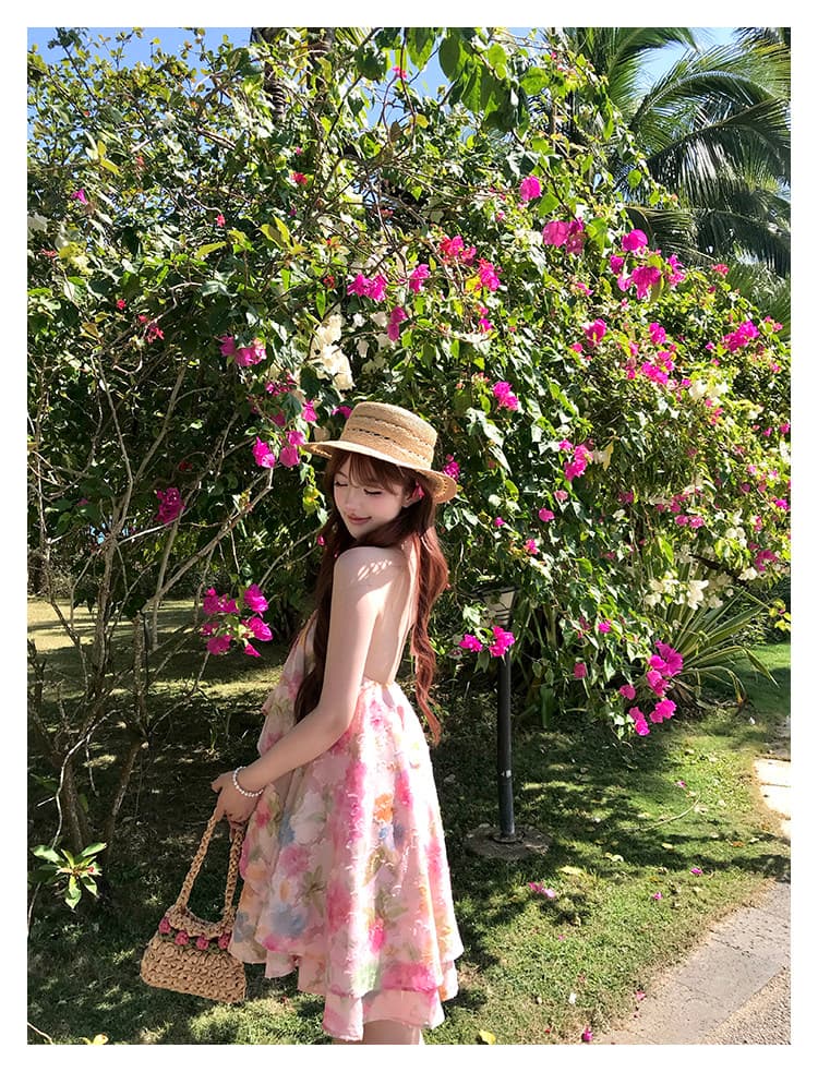 초기 꿈 pokemeng 한여름 꽃 행침 목 백리스 대 치마 자카드 헤일로 염색 꽃무늬 휴가 드레스 상세 이미지 5