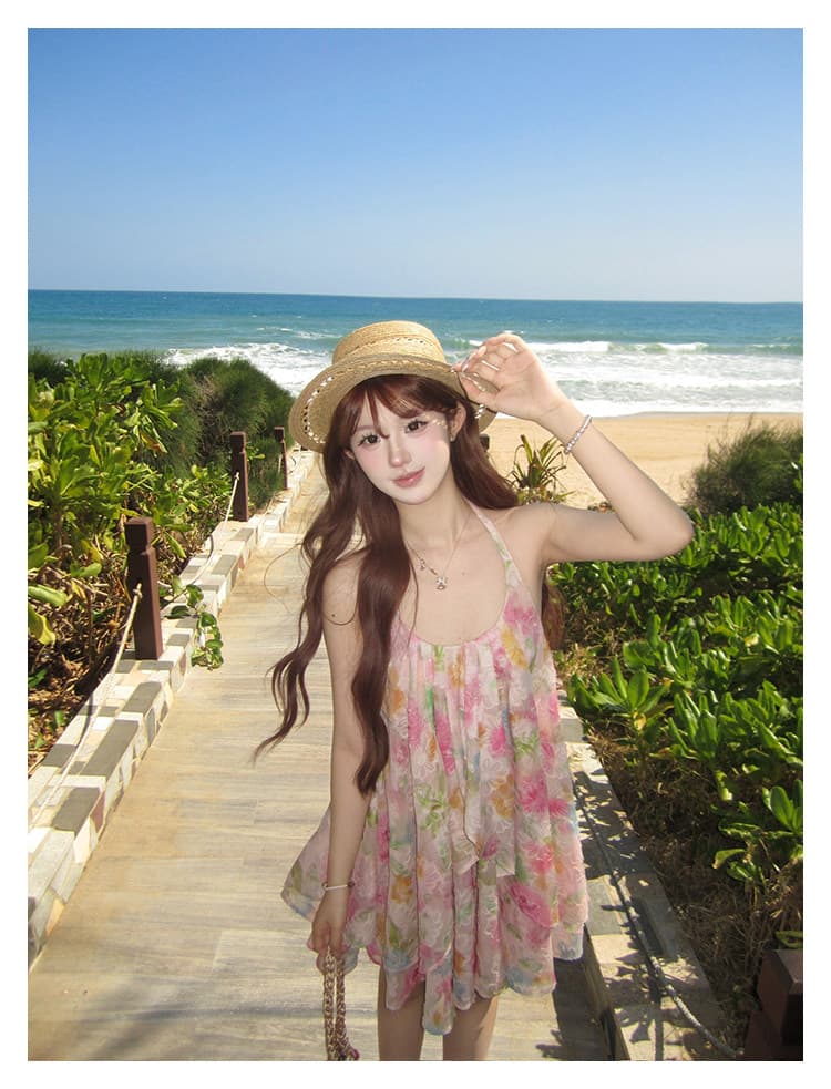 초기 꿈 pokemeng 한여름 꽃 행침 목 백리스 대 치마 자카드 헤일로 염색 꽃무늬 휴가 드레스 상세 이미지 9