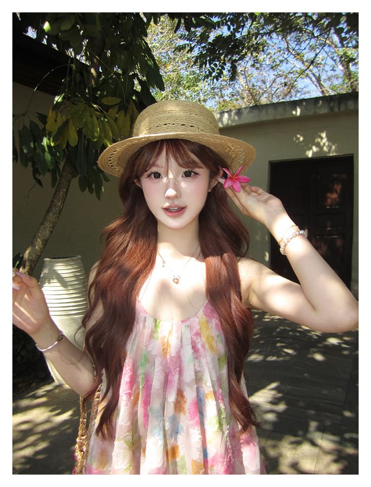 초기 꿈 pokemeng 한여름 꽃 행침 목 백리스 대 치마 자카드 헤일로 염색 꽃무늬 휴가 드레스 상세 이미지 11