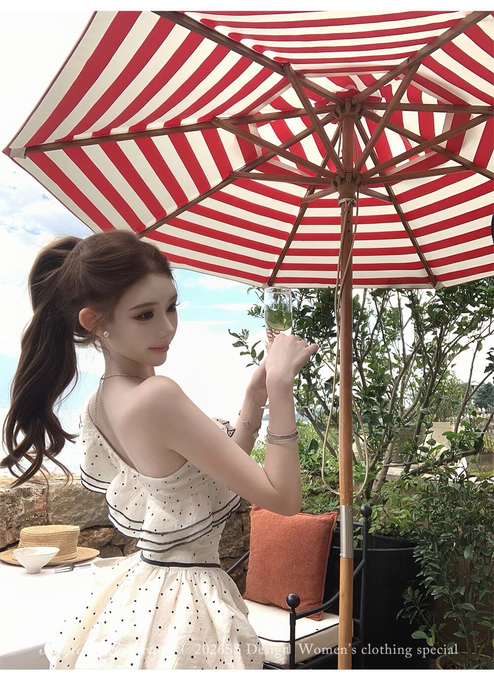 sisi jiang 도트 무늬 뮤즈 프랑스식 달콤함 비스듬한 어깨 오프숄더 도트 무늬 허리 수축 슬림해 보이는 작은 키 퍼프 스커트 상세 이미지 17