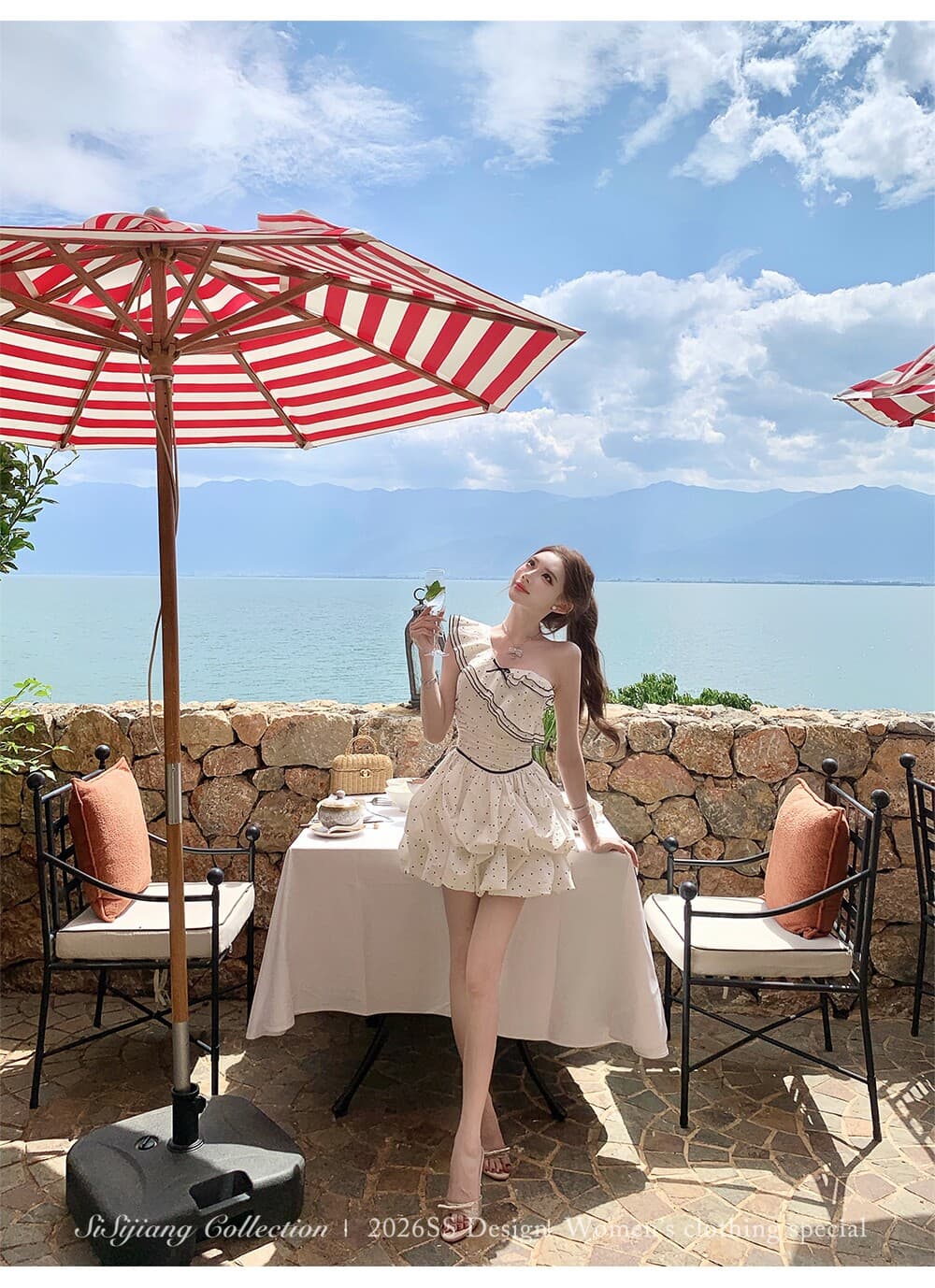 sisi jiang 도트 무늬 뮤즈 프랑스식 달콤함 비스듬한 어깨 오프숄더 도트 무늬 허리 수축 슬림해 보이는 작은 키 퍼프 스커트 상세 이미지 19