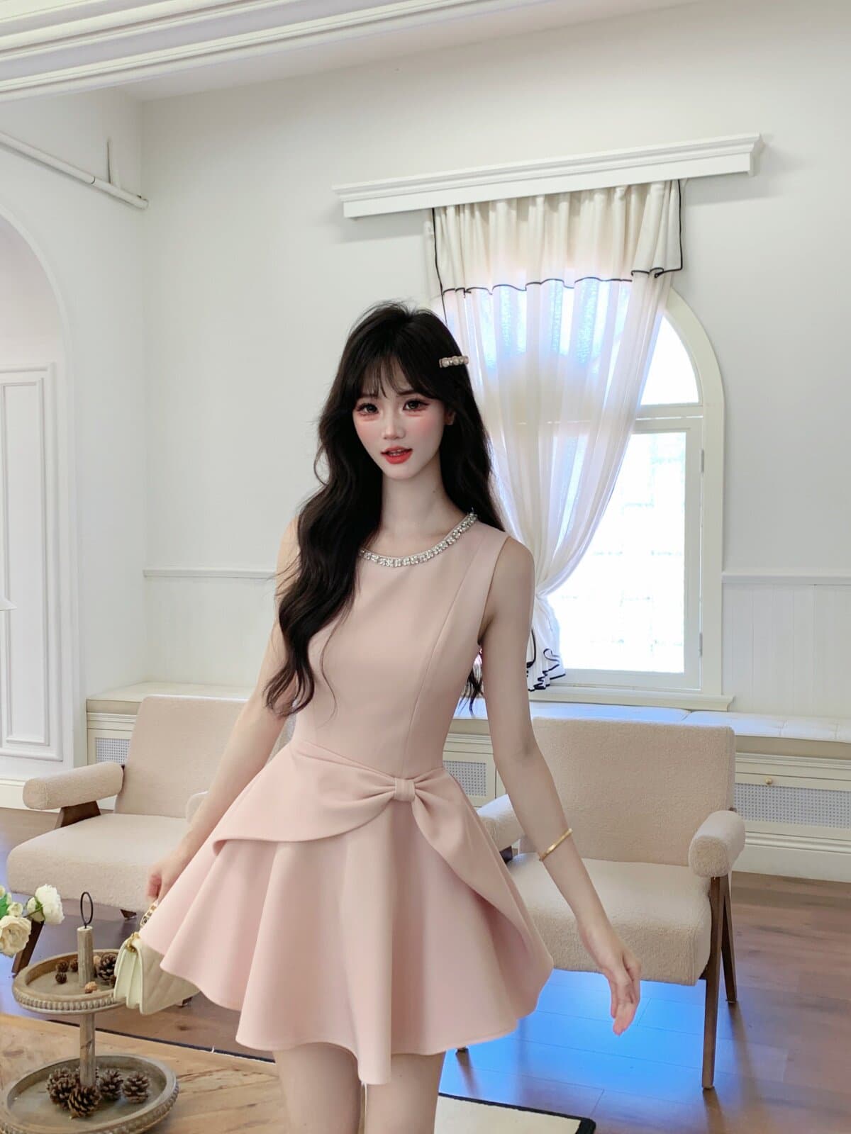 기타 한 작은 물고기 musefish 주인공 천 금빛 바람 우아함 허리 수축 나비 매듭 고급 센스 드레스 상세 이미지 11