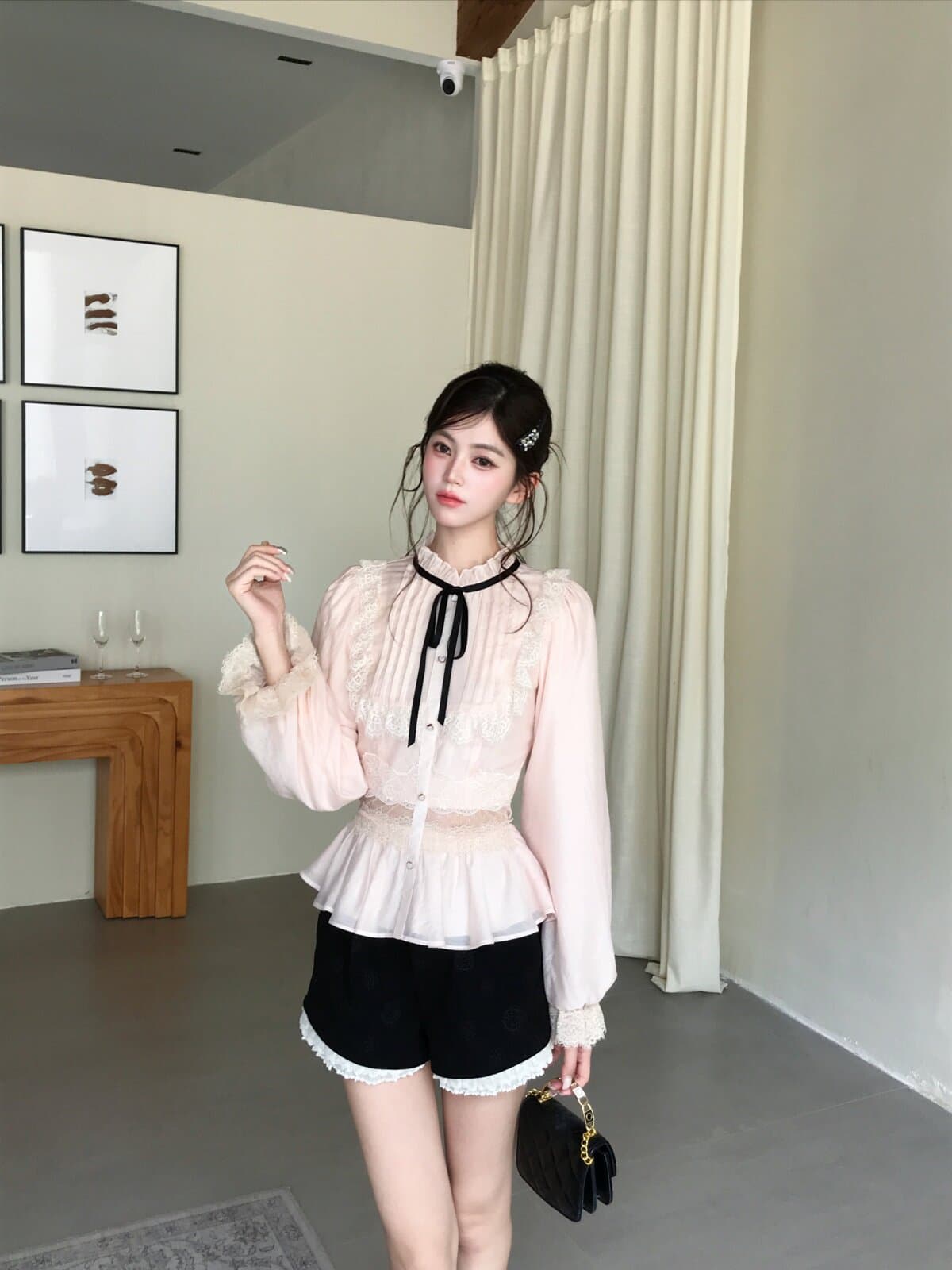 기타 한 작은 물고기 musefish 그는 당겨서 미스 레이스 레이스 배색 레이스업 셔츠 레이스 반바지 세트 여성 상세 이미지 4