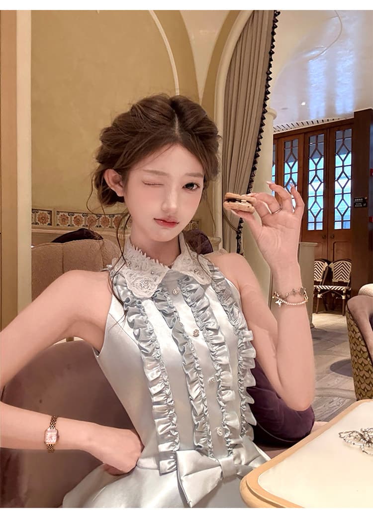 acaine 쇼트 스타일 자수 못 훈련 허리 수축 민소매 셔츠 칼라 맨위 한 마디 반 스커트 여성 여름 프랑스식 천 골드 세트 이미지 3