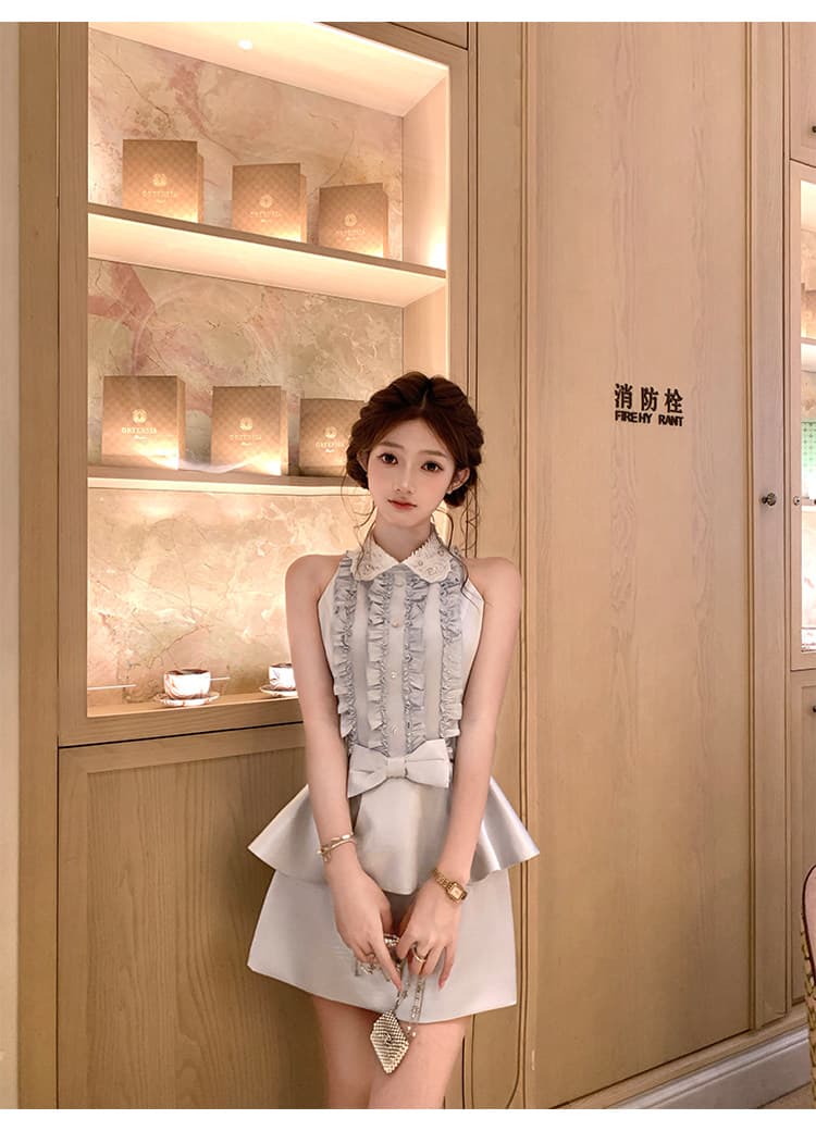 acaine 쇼트 스타일 자수 못 훈련 허리 수축 민소매 셔츠 칼라 맨위 한 마디 반 스커트 여성 여름 프랑스식 천 골드 세트 상세 이미지 12