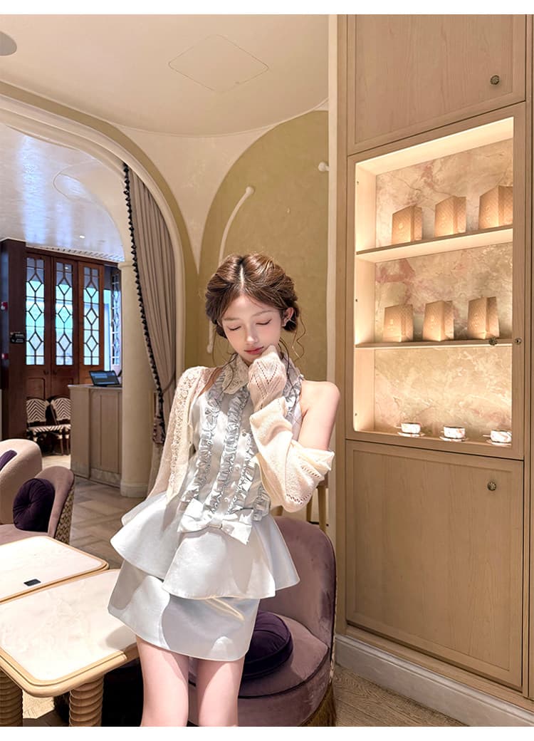 acaine 쇼트 스타일 자수 못 훈련 허리 수축 민소매 셔츠 칼라 맨위 한 마디 반 스커트 여성 여름 프랑스식 천 골드 세트 상세 이미지 21