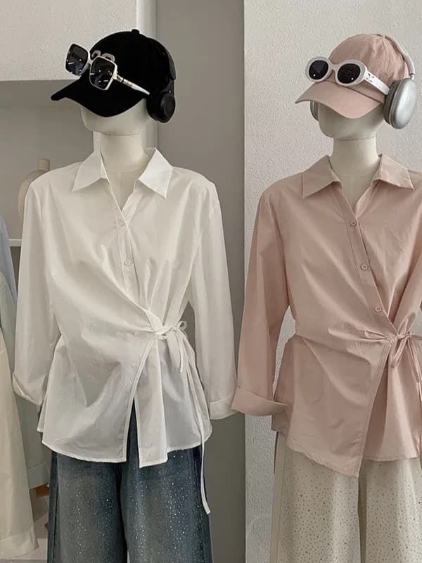 레이스업 허리 수축 슬림해 보이는 긴팔 단색 패션 셔츠 여성 봄 새로운 폴로 칼라 맨위 조류 소녀