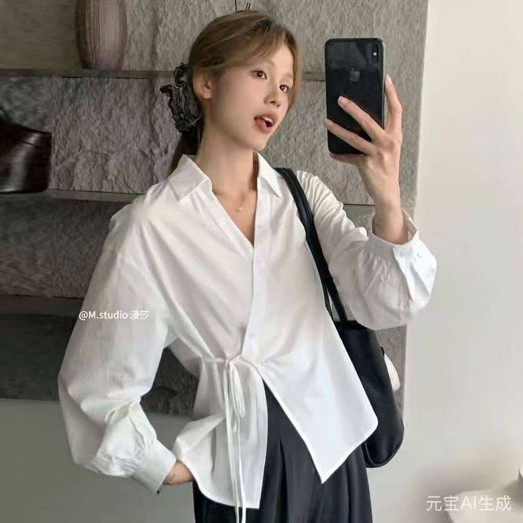 레이스업 허리 수축 슬림해 보이는 긴팔 단색 패션 셔츠 여성 봄 새로운 폴로 칼라 맨위 조류 소녀 이미지 5