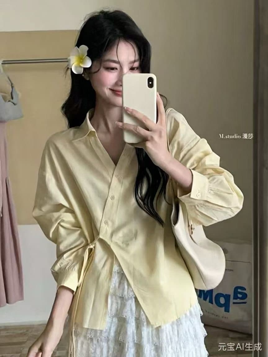 레이스업 허리 수축 슬림해 보이는 긴팔 단색 패션 셔츠 여성 봄 새로운 폴로 칼라 맨위 조류 소녀 이미지 3