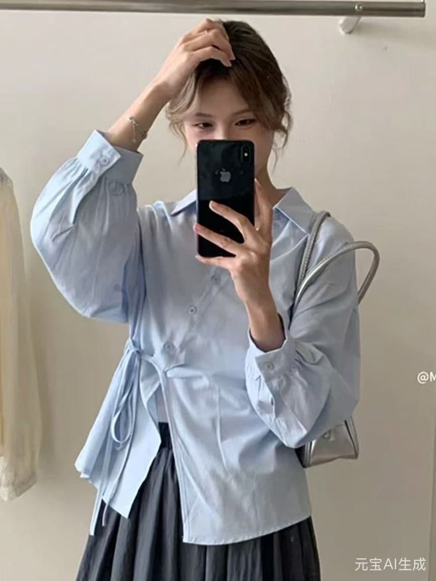 레이스업 허리 수축 슬림해 보이는 긴팔 단색 패션 셔츠 여성 봄 새로운 폴로 칼라 맨위 조류 소녀 상세 이미지 10