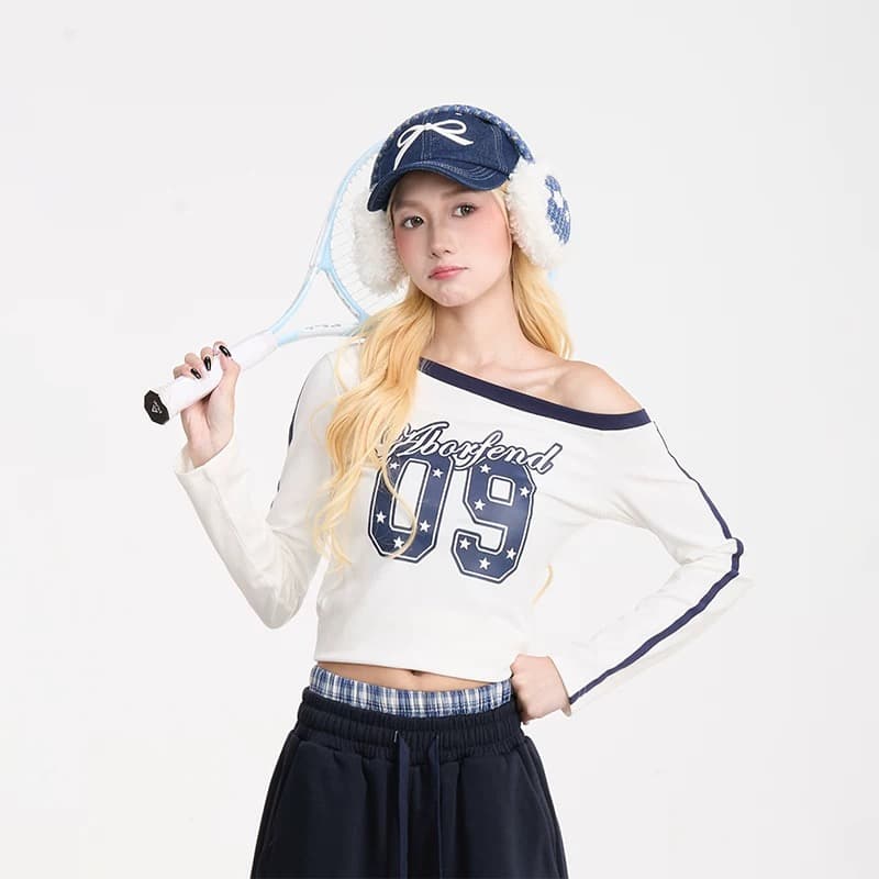 neresum 아메리칸 레트로 비스듬한 칼라 긴팔 티셔츠 여성 봄 새로운 핫걸 오프숄더 쇼트 스타일 빨간색 맨위 이미지 5