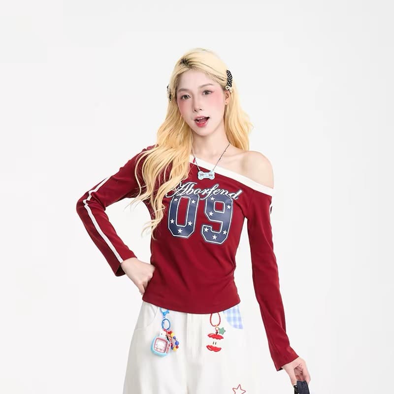 neresum 아메리칸 레트로 비스듬한 칼라 긴팔 티셔츠 여성 봄 새로운 핫걸 오프숄더 쇼트 스타일 빨간색 맨위 상세 이미지 1