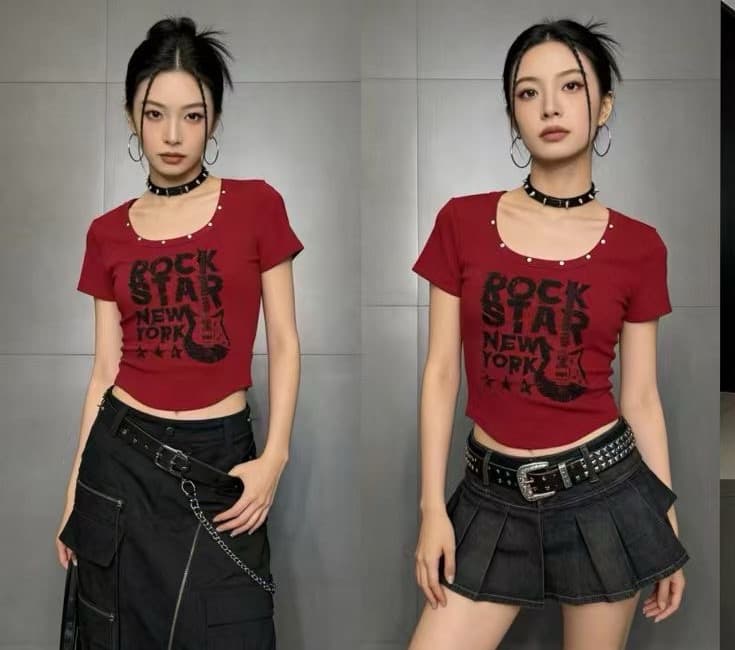 디자인 센스 레트로 록 기타 알파벳 프린트 티셔츠 여성 여름 새로운 캐주얼 다용도 슬림해 보이는 반팔 맨위 상세 이미지 5