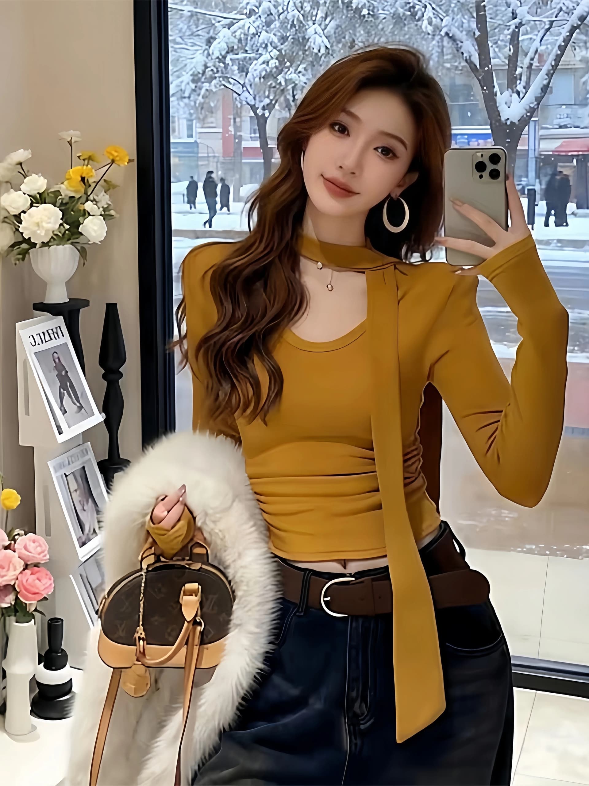 순수한 욕망 핫걸 바람 u 칼라 리본 긴팔 티셔츠 여성 가을 겨울 새로운 몸매 가꾸기 슬림해 보이는 털이 있는 기본 셔츠 작은 대중 맨위
