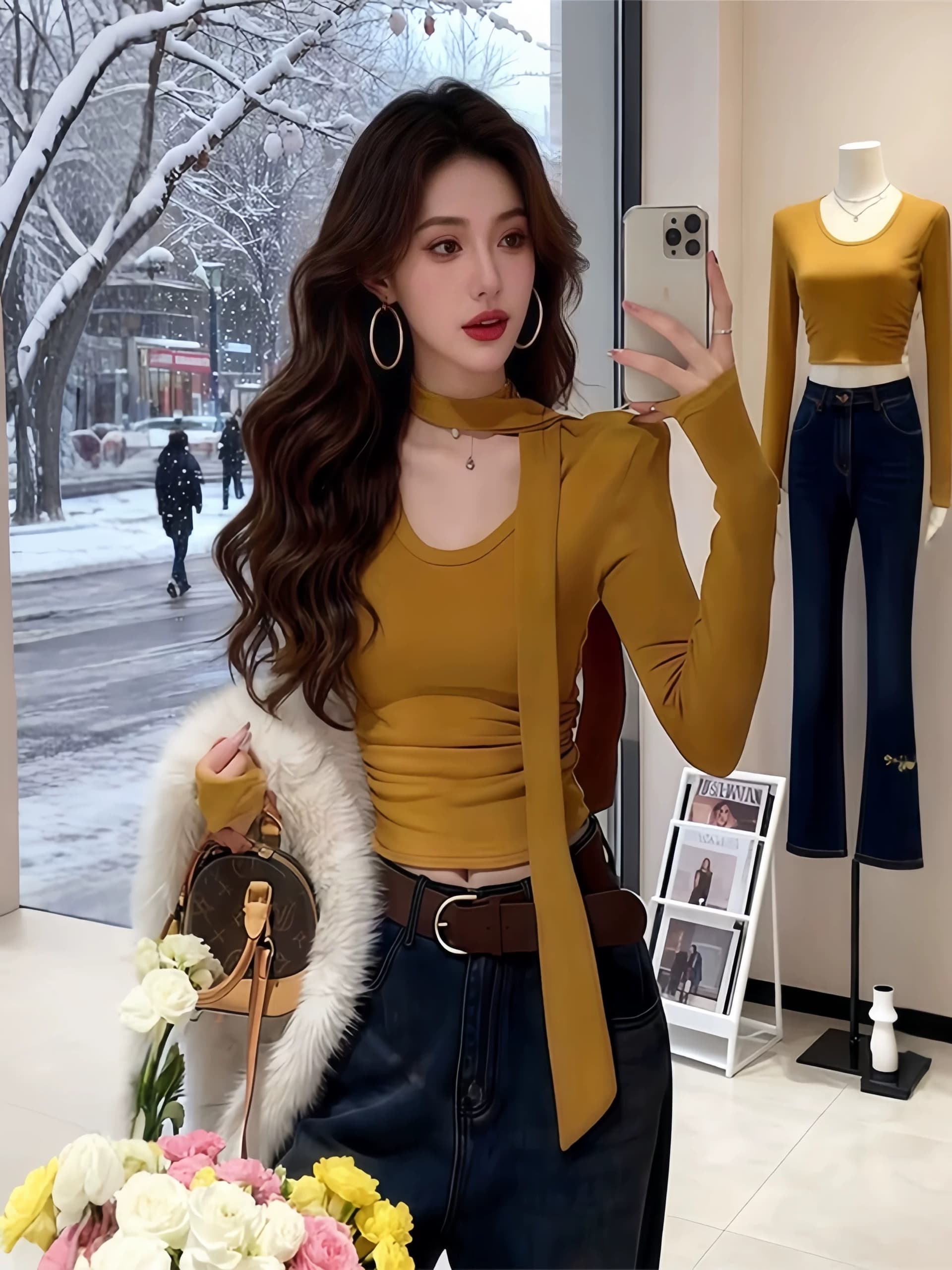 순수한 욕망 핫걸 바람 u 칼라 리본 긴팔 티셔츠 여성 가을 겨울 새로운 몸매 가꾸기 슬림해 보이는 털이 있는 기본 셔츠 작은 대중 맨위 상세 이미지 3