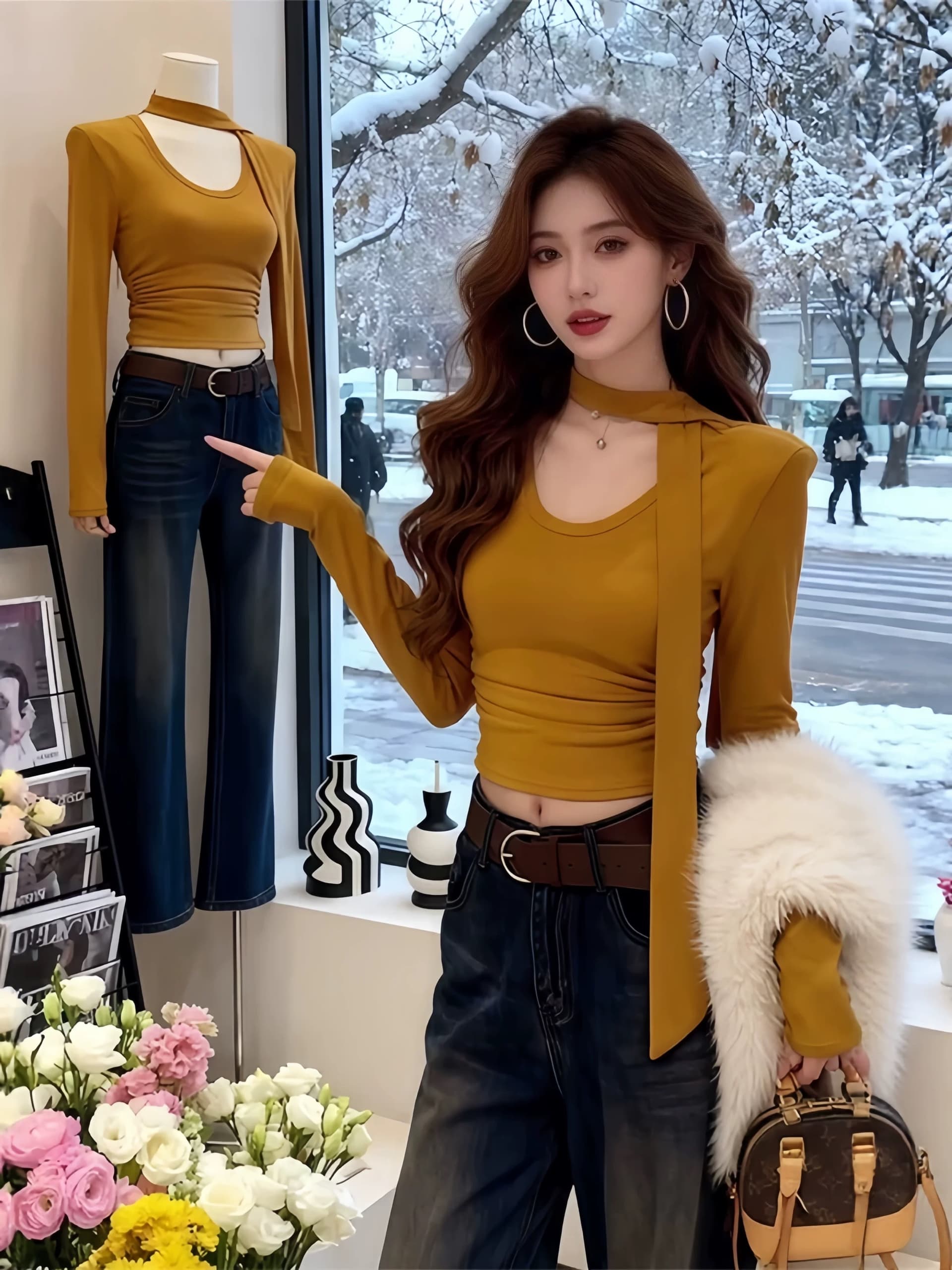 순수한 욕망 핫걸 바람 u 칼라 리본 긴팔 티셔츠 여성 가을 겨울 새로운 몸매 가꾸기 슬림해 보이는 털이 있는 기본 셔츠 작은 대중 맨위 상세 이미지 4