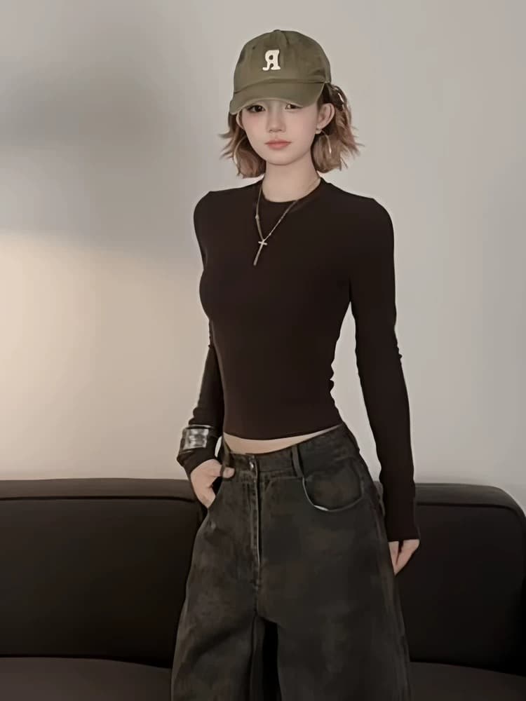 아메리칸 핫걸 바람 라운드 넥 긴팔 티셔츠 여성 가을 겨울 새로운 몸매 가꾸기 쇼트 스타일 털이 있는 기본 셔츠 고급 센스 맨위 상세 이미지 4