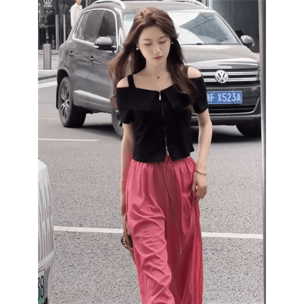 검정색 반팔 티셔츠 여성 여름 2026 새로운 폭발 슬립 더블 지퍼 디자인 센스 오프숄더 오프숄더 짧은 맨위 이미지 5