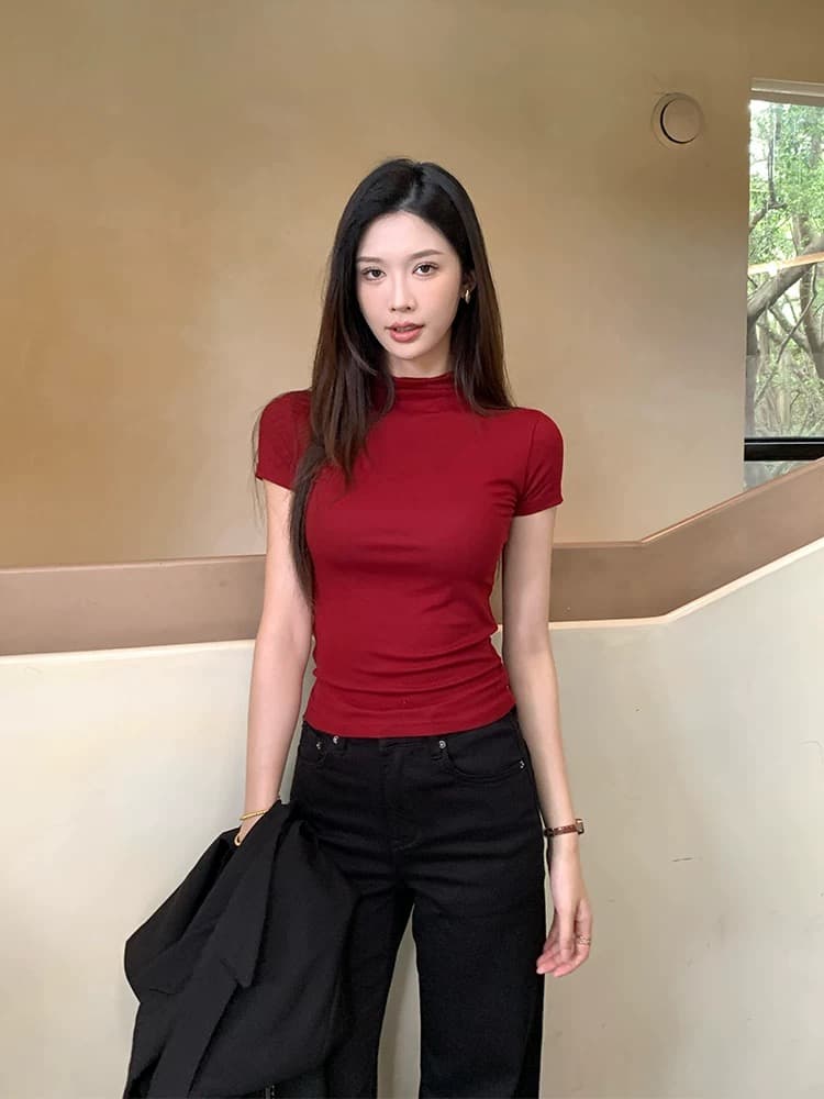 반하이넥 티셔츠 여성용 짧은 소매 2026 봄 가을 새로운 몸매 가꾸기 모달 기본 셔츠 인사이드 가져 가라. 슬림해 보이는 얇은 스타일 맨위 상세 이미지 3