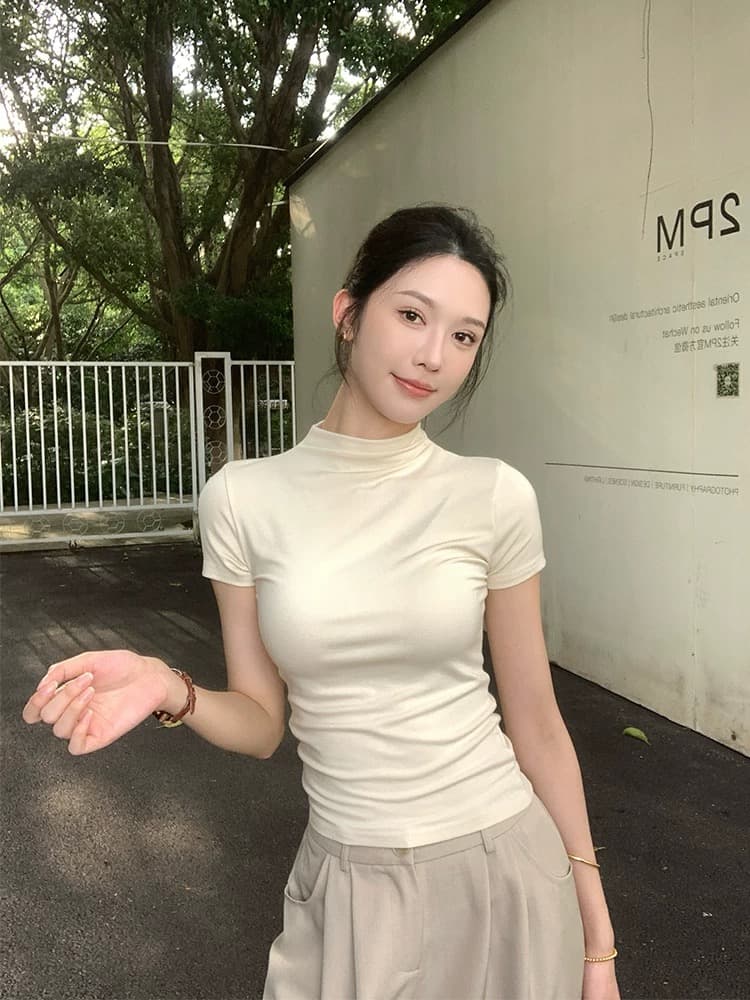 반하이넥 티셔츠 여성용 짧은 소매 2026 봄 가을 새로운 몸매 가꾸기 모달 기본 셔츠 인사이드 가져 가라. 슬림해 보이는 얇은 스타일 맨위 상세 이미지 4