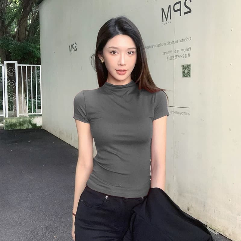 검정색 반하이넥 티셔츠 반팔 여성 2026 여름 새로운 모달 타이트 맨위 긍정적 인 어깨 기본 셔츠 인사이드 가져 가라. 이미지 3