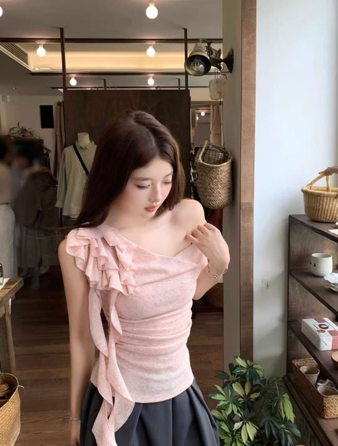 순수한 욕망 섹시함 비스듬한 칼라 꽃 리본 반팔 티셔츠 여성 여름 허리 수축 주름 조끼 부드러운 몸매 가꾸기 슬림해 보이는 맨위 이미지 3