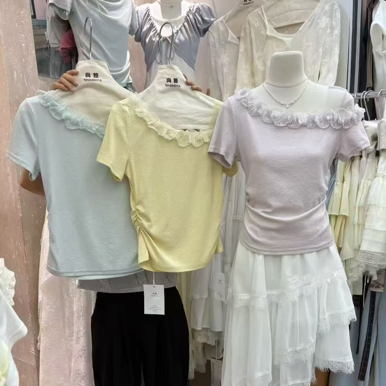한 부서 다중 레이어 레이스 비스듬한 어깨 티셔츠 여성 여름 착용 가져 가라. 디자인 센스 허리 수축 슬림해 보이는 반팔 핫걸 오프숄더 맨위 상세 이미지 1