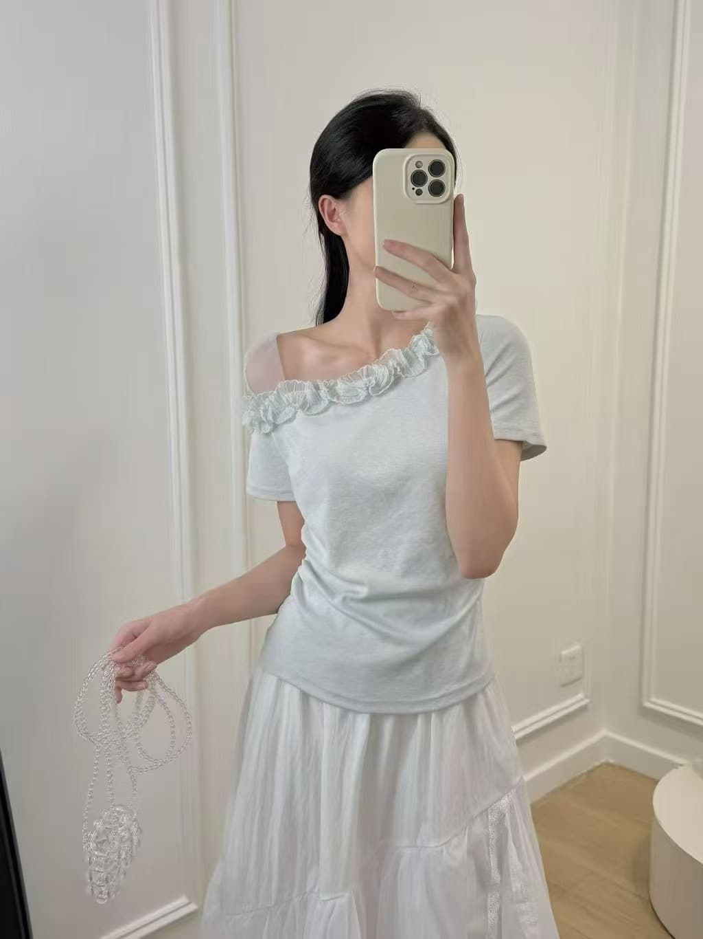 한 부서 다중 레이어 레이스 비스듬한 어깨 티셔츠 여성 여름 착용 가져 가라. 디자인 센스 허리 수축 슬림해 보이는 반팔 핫걸 오프숄더 맨위 상세 이미지 2