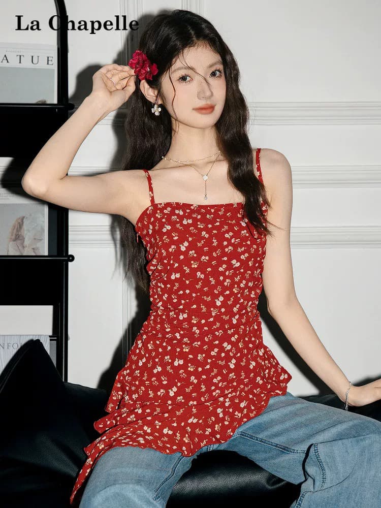 휴가 바람이 아닙니다. 규칙 꽃무늬 빨간색 캐미솔 2026 여름 허리 수축 아름다움 뒤로 민소매 외출용 맨위 상세 이미지 1