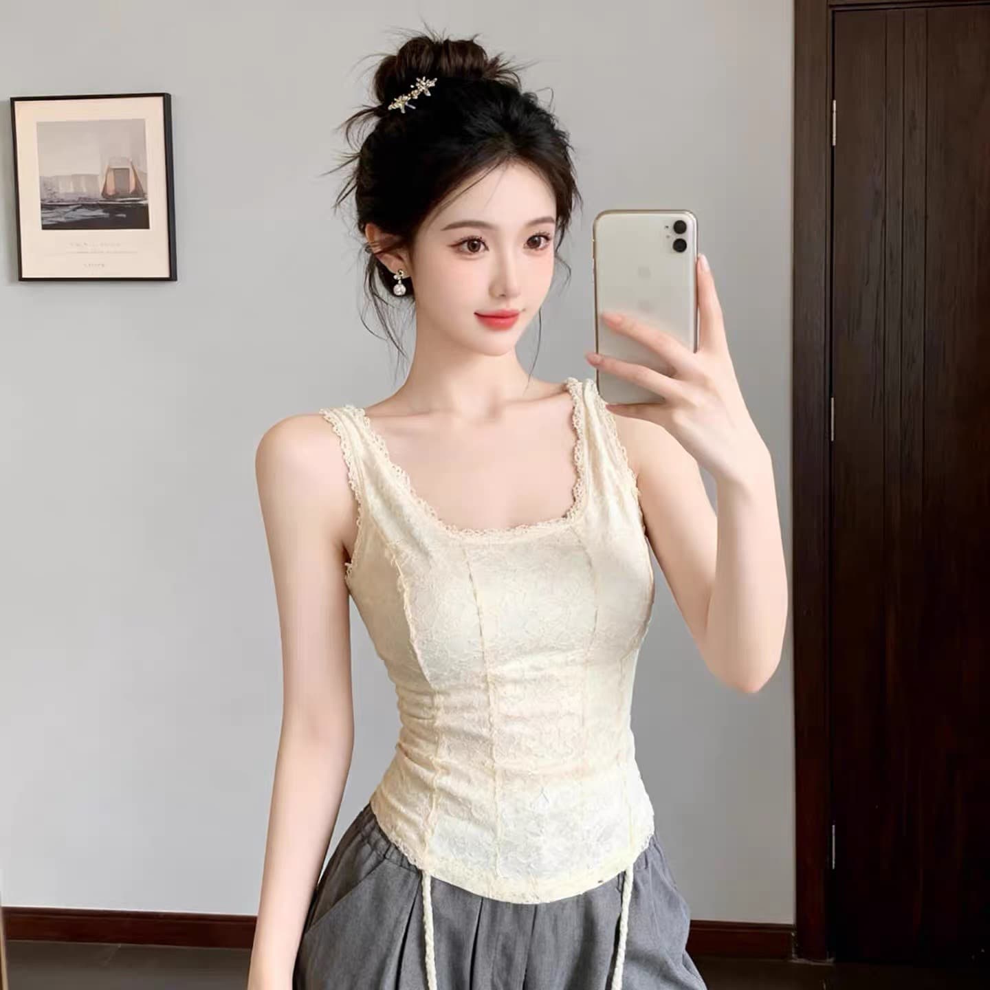 u 칼라 순수한 욕망 바람 섹시함 레이스 캐미솔 2026 봄 새로운 몸매 가꾸기 민소매 맨위 상세 이미지 1