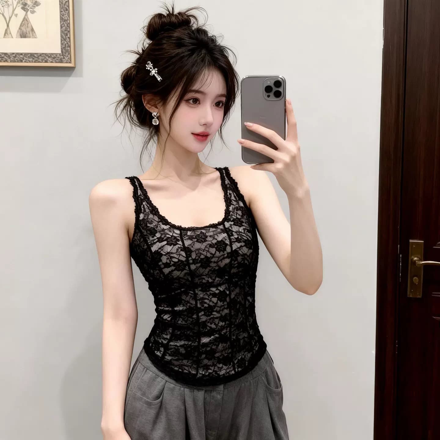 u 칼라 순수한 욕망 바람 섹시함 레이스 캐미솔 2026 봄 새로운 몸매 가꾸기 민소매 맨위 상세 이미지 2