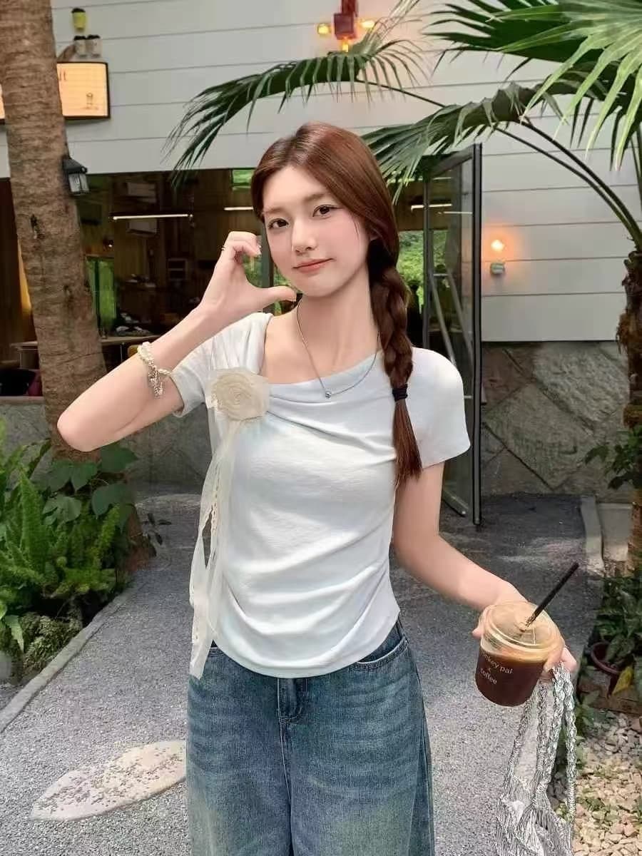 3 차원 꽃 리본 황색 반팔 티셔츠 여성 여름 ootd 착용 가져 가라. 디자인 센스 허리 수축 슬림해 보이는 몸매 가꾸기 맨위 이미지 3
