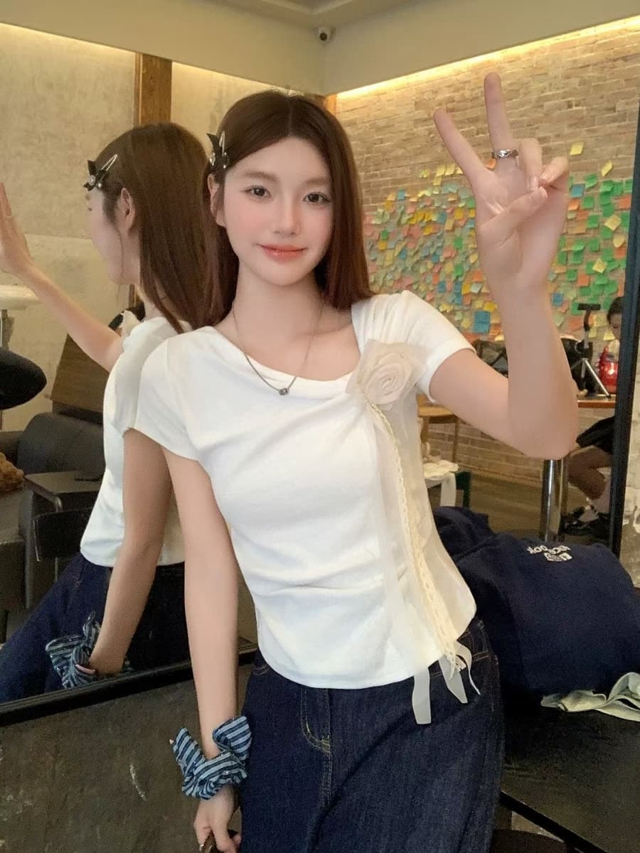 3 차원 꽃 리본 황색 반팔 티셔츠 여성 여름 ootd 착용 가져 가라. 디자인 센스 허리 수축 슬림해 보이는 몸매 가꾸기 맨위 상세 이미지 5
