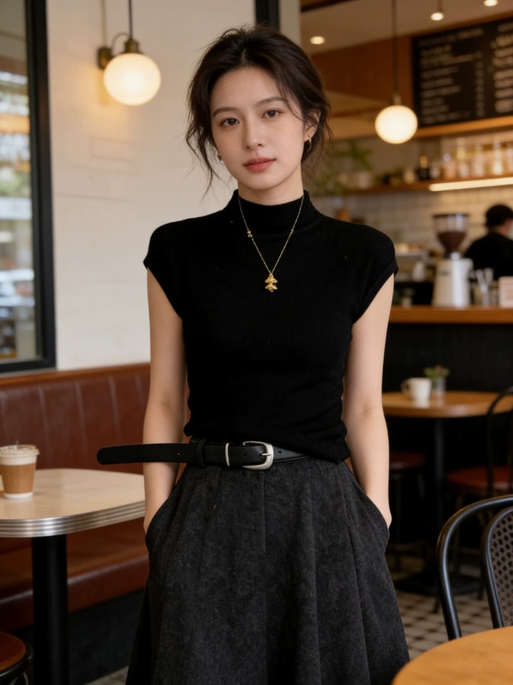 품격 반하이넥 검정색 반팔 티셔츠 여성 2025 년 여름 새로운 타이트 핫걸 t 긍정적 인 어깨 몸매 가꾸기 맨위 여성 상세 이미지 5