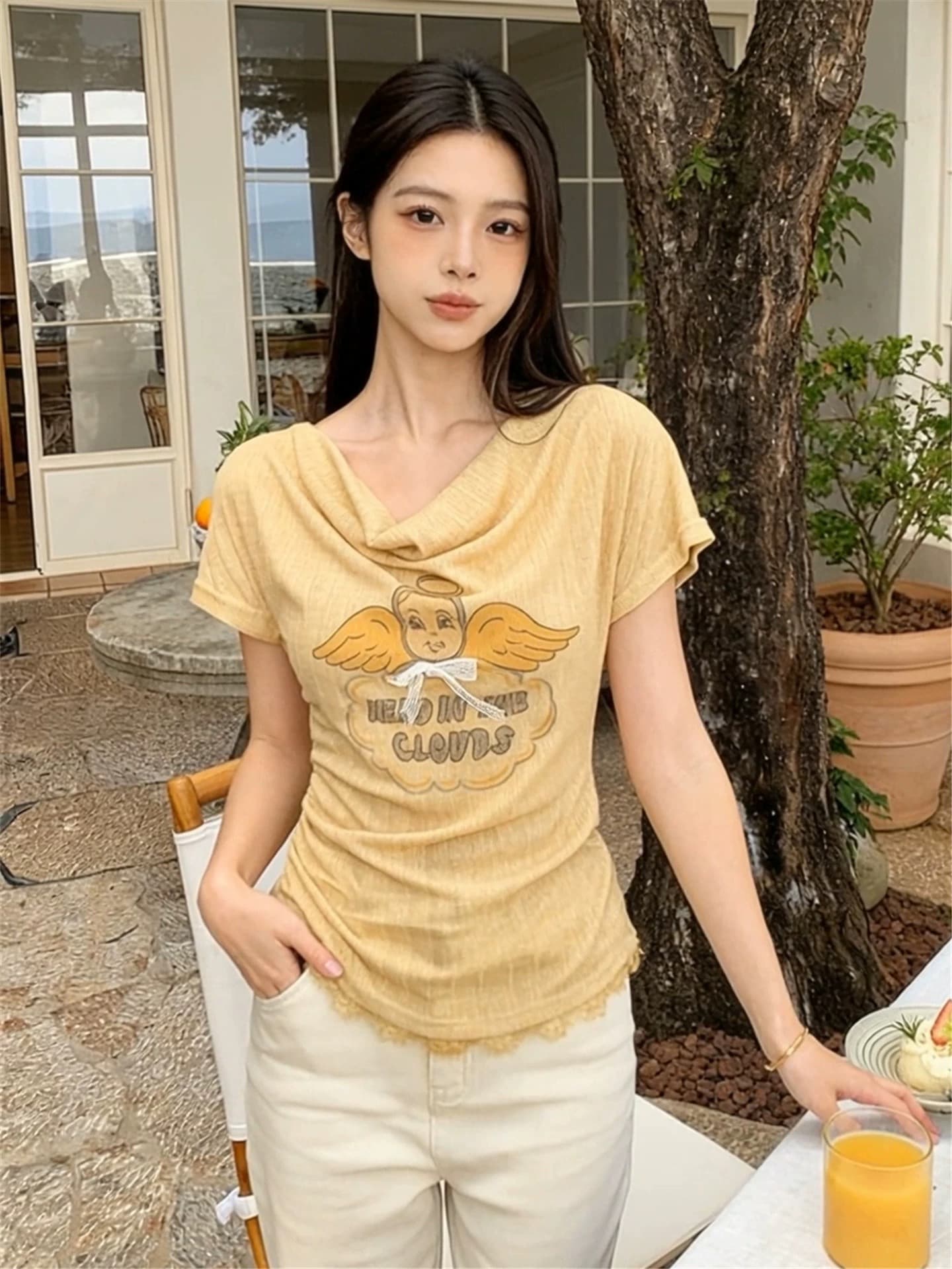 한 부서 자이언트 잘 생긴 ~ 중 만화 프린트 흔들다 칼라 맨위 여성 2026 여름 새로운 반팔 티셔츠 디자인 센스 작은 대중 상세 이미지 2