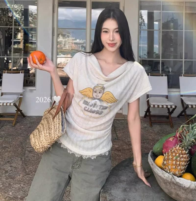 한 부서 자이언트 잘 생긴 ~ 중 만화 프린트 흔들다 칼라 맨위 여성 2026 여름 새로운 반팔 티셔츠 디자인 센스 작은 대중 상세 이미지 4