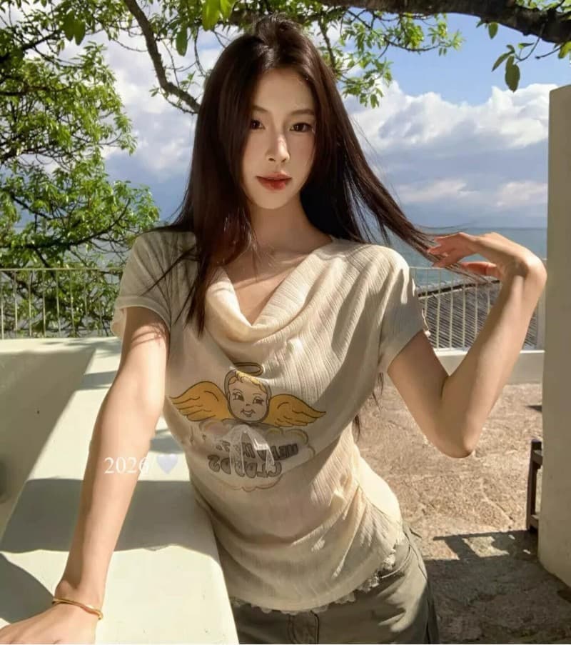 한 부서 자이언트 잘 생긴 ~ 중 만화 프린트 흔들다 칼라 맨위 여성 2026 여름 새로운 반팔 티셔츠 디자인 센스 작은 대중 상세 이미지 5