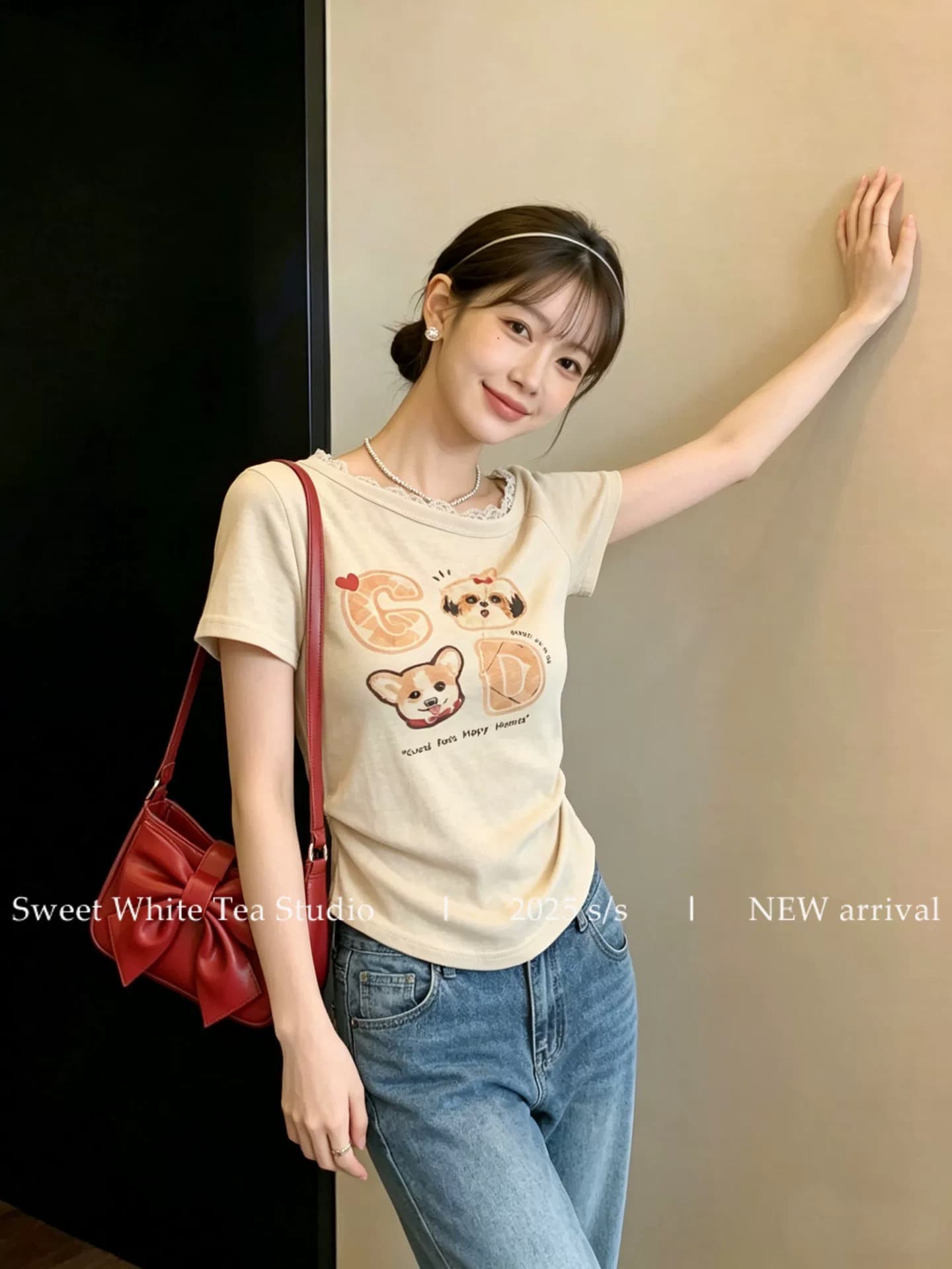 살구 색상 레이스 측면 오프숄더 프린트 반팔 티셔츠 여성 여름 주름 허리 수축 오프숄더 섹시함 작은 맨위 이미지 2