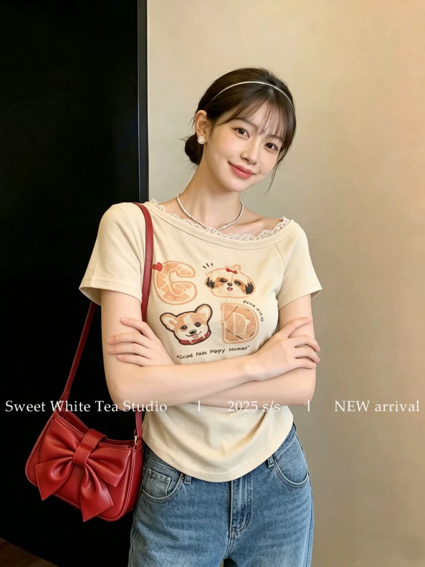 살구 색상 레이스 측면 오프숄더 프린트 반팔 티셔츠 여성 여름 주름 허리 수축 오프숄더 섹시함 작은 맨위 이미지 3